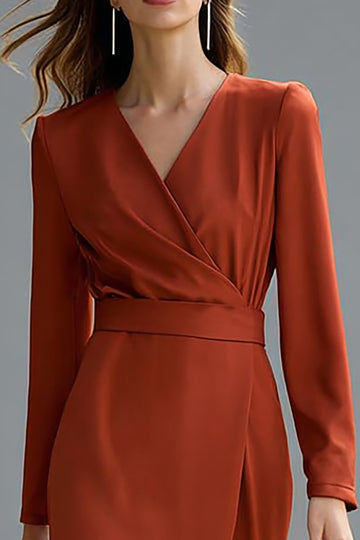 Terracotta V-Neck Long Sleeve Sheath Work Dress With Slit